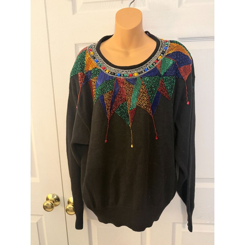 Vintage Lindsey Blake Women's Sweater Embellished Jewel Tone Beading XL